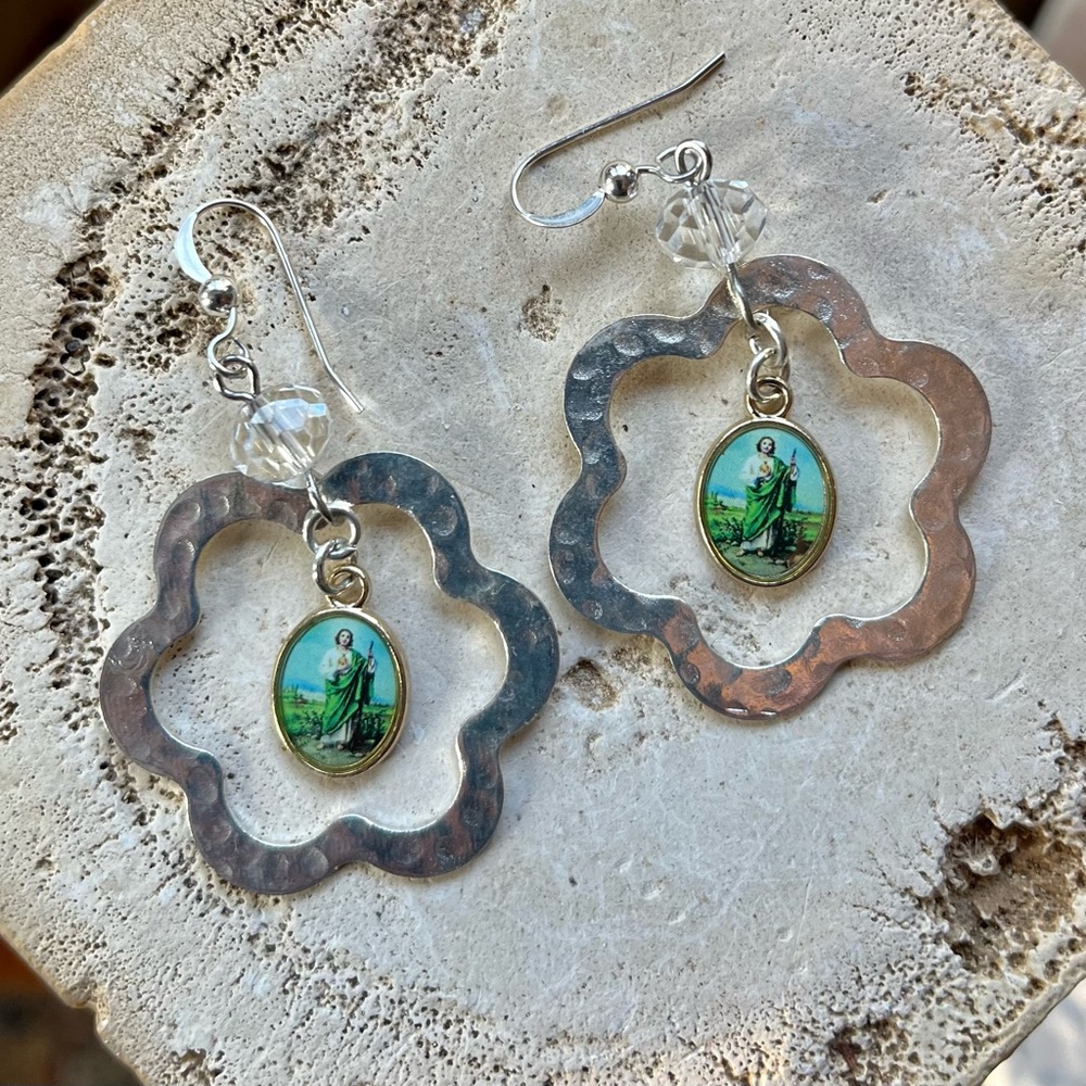 SOLD St. Jude Hammered Silver Dangle Earrings - Picture 14 of 16